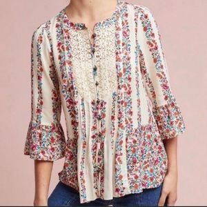 Anthropologie Maeve Floral Hiver Ivory Blouse Lace Button up Top Women's Size 2P